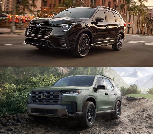 A split image shows two SUVs. The top SUV is a black Subaru Ascent. The bottom SUV is a green Honda Pilot.