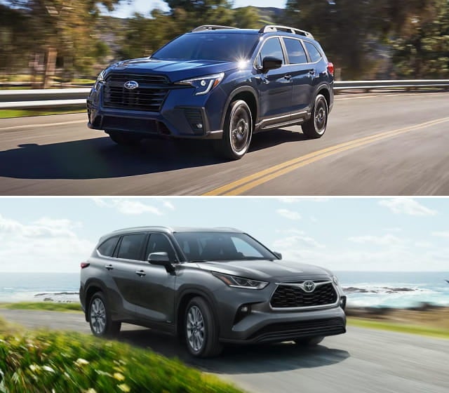 Two SUVs on the road: The top image shows a blue Subaru Ascent. The bottom image features a gray Toyota Highlander.