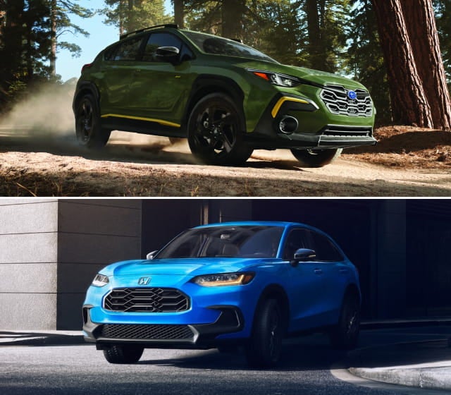 Subaru Crosstrek drives off-road in a forest, kicking up dust, evoking adventure. Below, a Honda HR-V is parked on an urban street, projecting modernity and style.