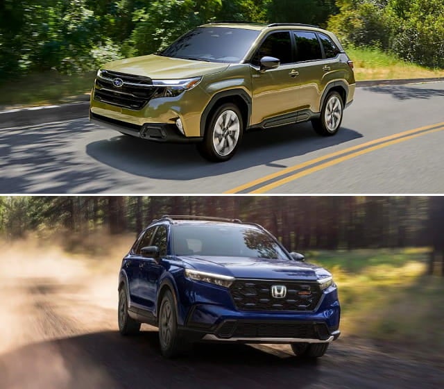 Two SUVs on separate roads. Top: Subaru Fprester driving on a sunny, paved road surrounded by greenery. Bottom: Honda CR-V navigating a dusty dirt path in a forest.

