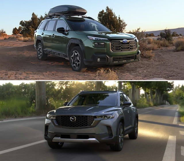 Two SUVs are shown: a Subaru Outback on a rugged desert path with a rooftop cargo box, and a gray Mazda CX-50 driving on a sunlit, tree-lined road.
