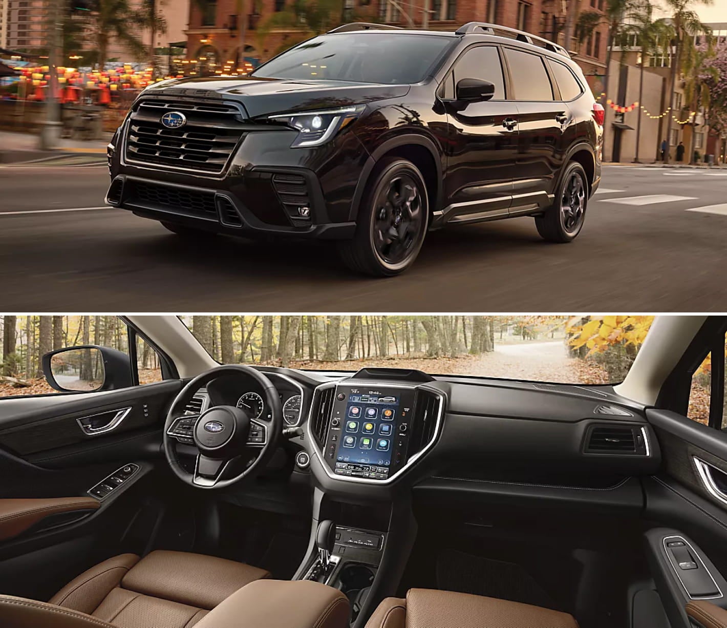 Black Subaru Ascent driving through a city, shown above a view of its spacious interior with touchscreen infotainment display.