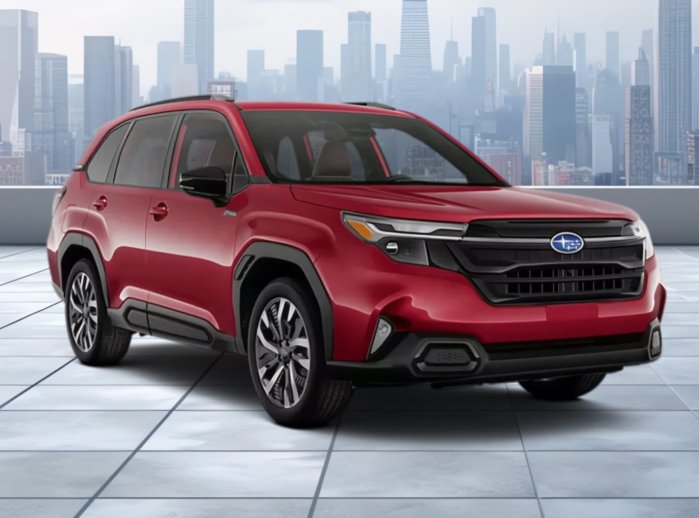 Red Subaru Forester Hybrid shown from the front three-quarter view with a city skyline in the background.